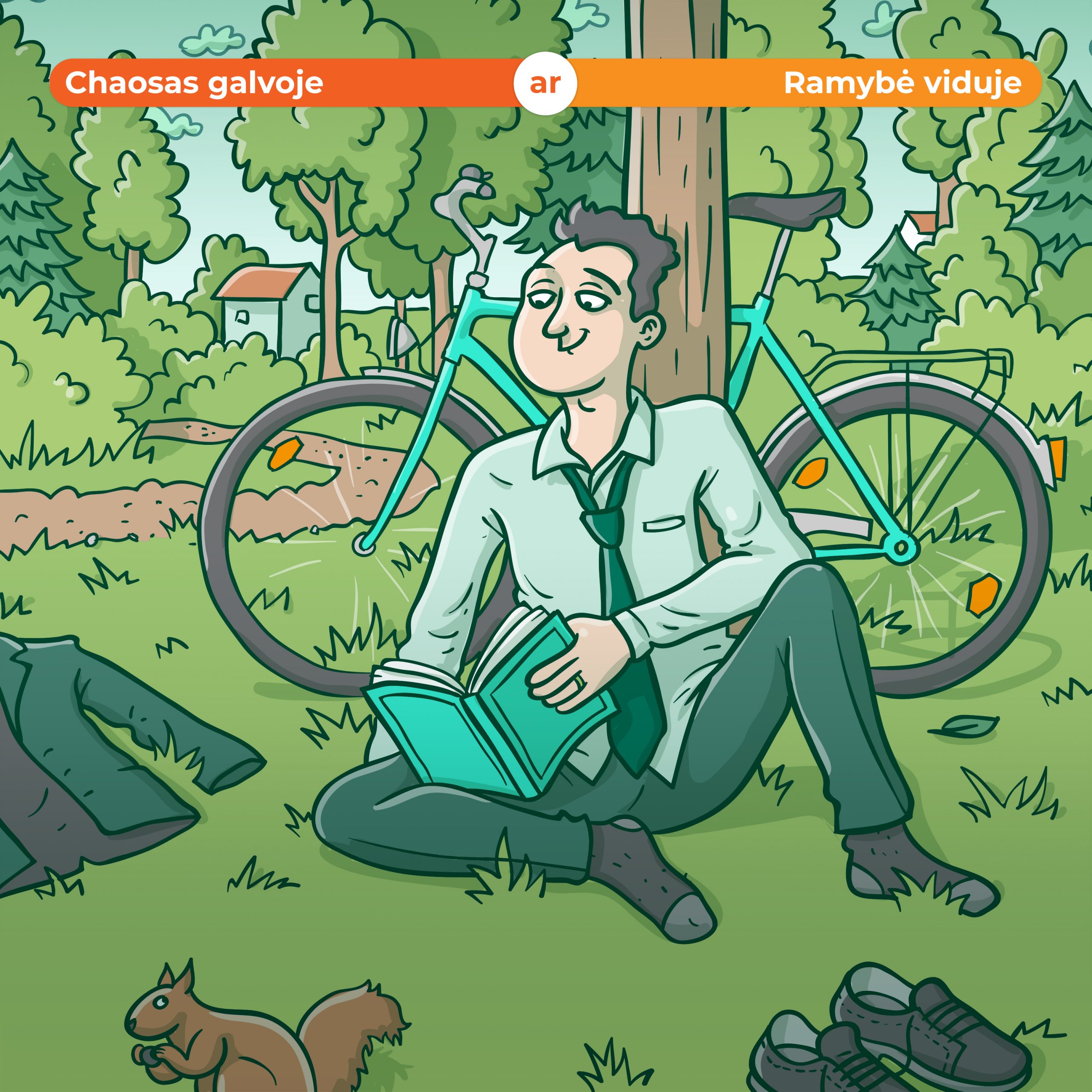Vyras po medžiu skaito knygą, atsipalaidavęs, nusiavęs batus, už nugaros stovi dviratis